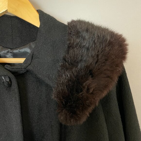 Vintage 50s 60s Wool Coat Fur Collar Black Women Union Made‎ Overcoat Retro - Picture 14 of 16